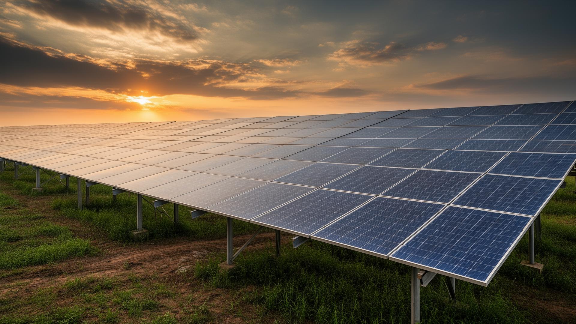 Solar power plant at sunrise
